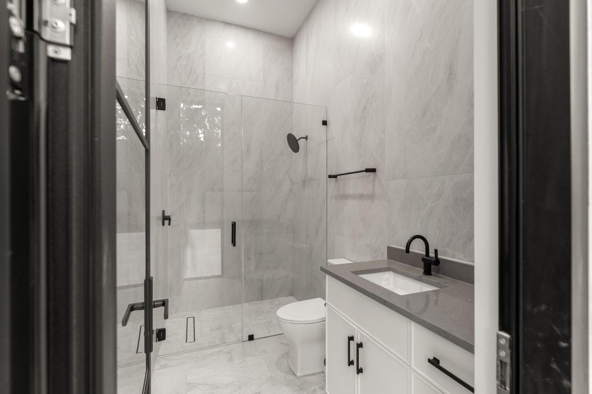 Bathroom, Glass Shower, Interior, Marble, Marble Walls, Recessed Lighting