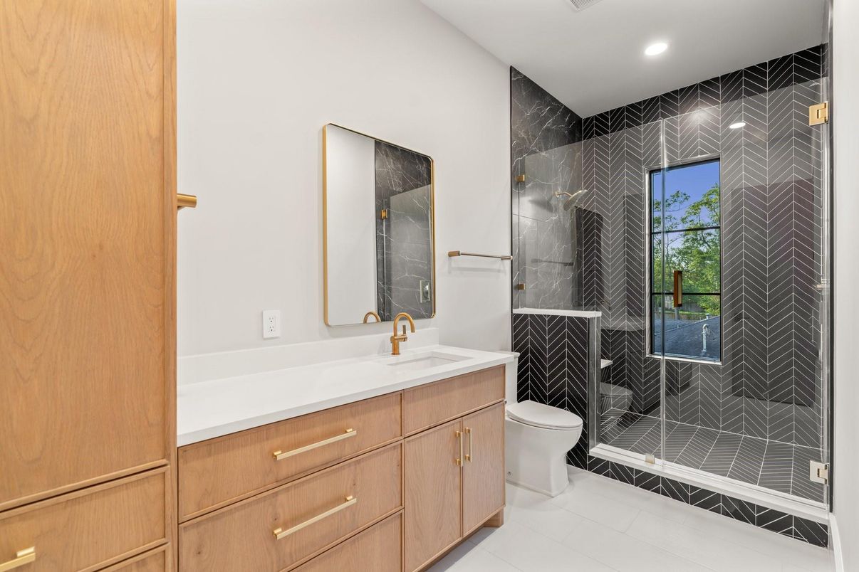 Bathroom, Glass Shower, Interior, Marble Walls, Recessed Lighting