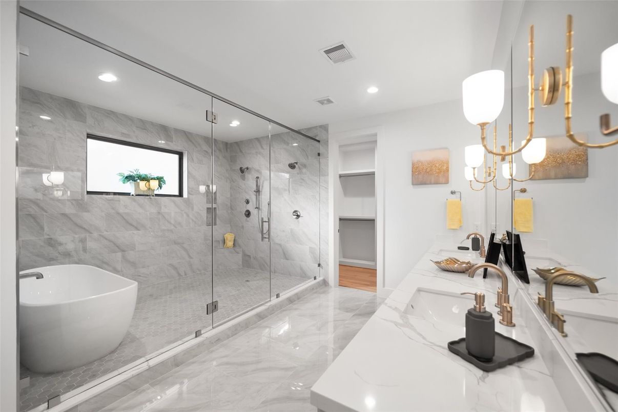 Bathroom, Dual Sink Vanities, Free Standing Baths, Glass Shower, Interior, Marble, Marble Walls, Recessed Lighting