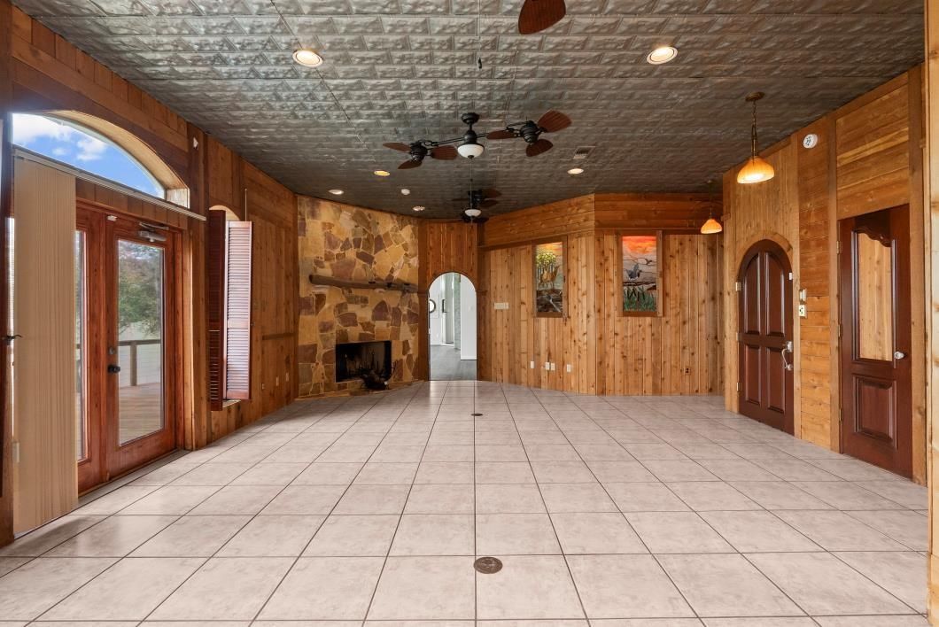 Empty room, Fireplace, Interior, Pendant Lights, Recessed Lighting, Wooden Walls