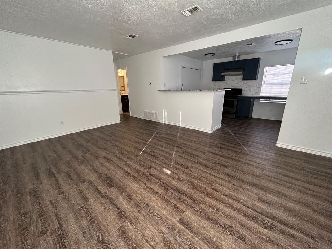 Empty room, Interior, Kitchen, Pendant Lights, Wood Texture Flooring