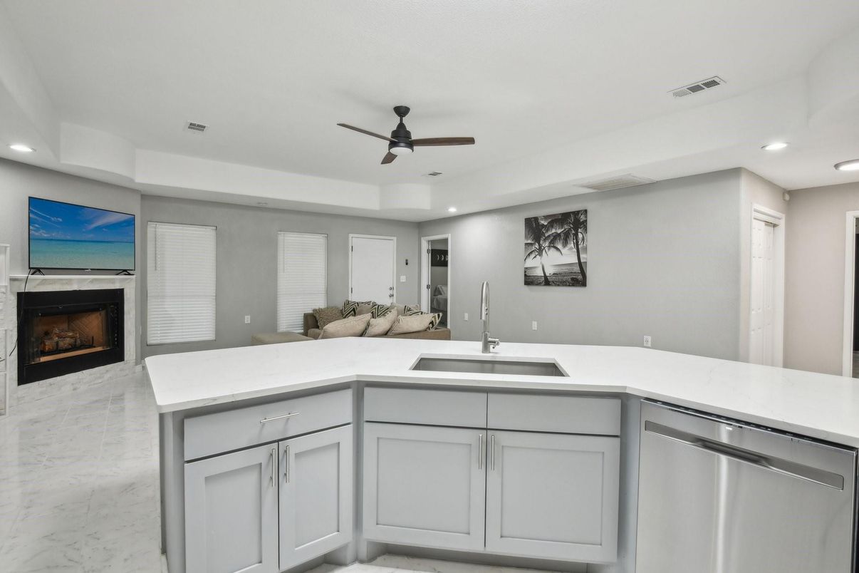 Fireplace, Interior, Kitchen, Living room, Marble, Recessed Lighting