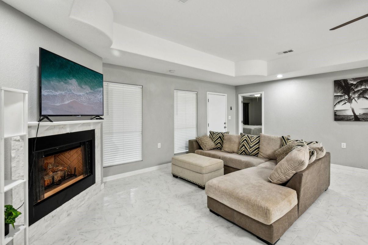 Fireplace, Interior, Living room, Marble, Recessed Lighting