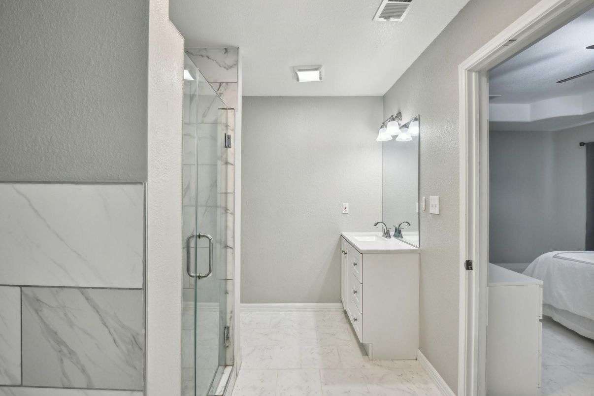 Bathroom, Dual Sink Vanities, Glass Shower, Interior, Marble, Marble Walls
