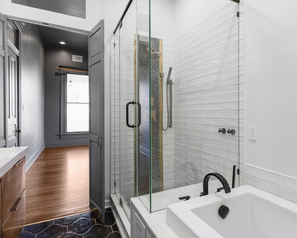 Bathroom, Glass Shower, Interior, Recessed Lighting, Wood Texture Flooring