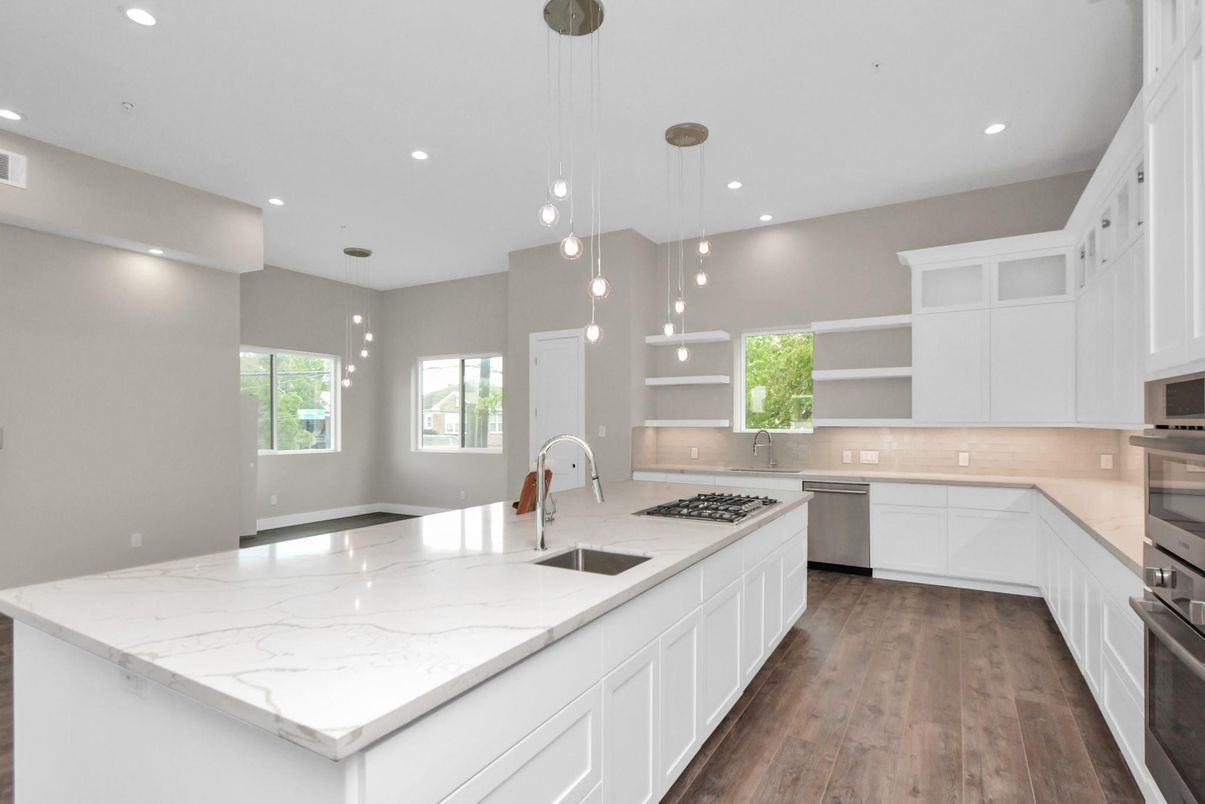 Interior, Kitchen, Pendant Lights, Recessed Lighting, Stainless Steel Appliances, Wood Texture Flooring