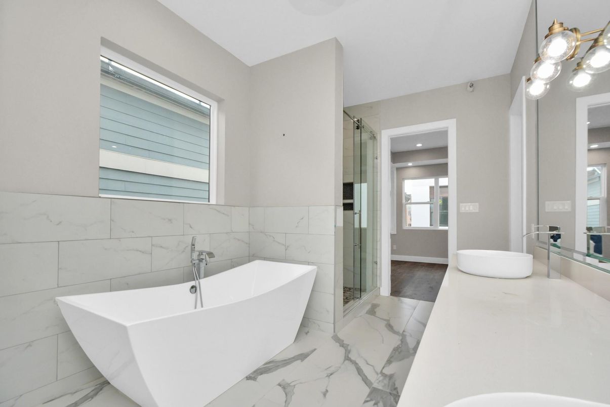 Bathroom, Free Standing Baths, Glass Shower, Interior, Marble, Marble Walls, Recessed Lighting