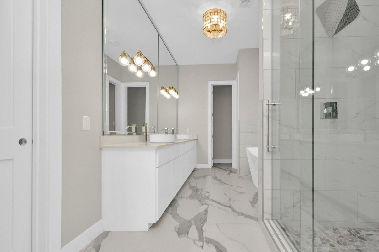 Bathroom, Dual Sink Vanities, Glass Shower, Interior, Marble, Marble Walls