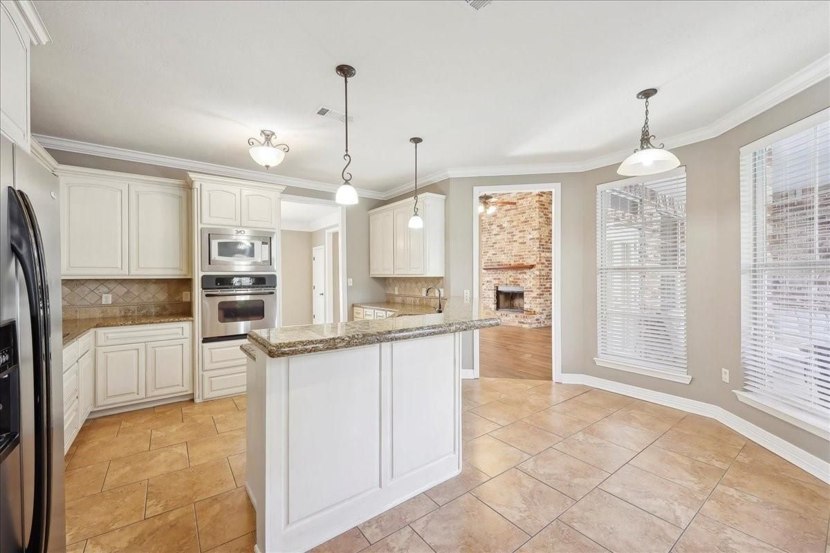 Fireplace, Interior, Kitchen, Pendant Lights, Stainless Steel Appliances