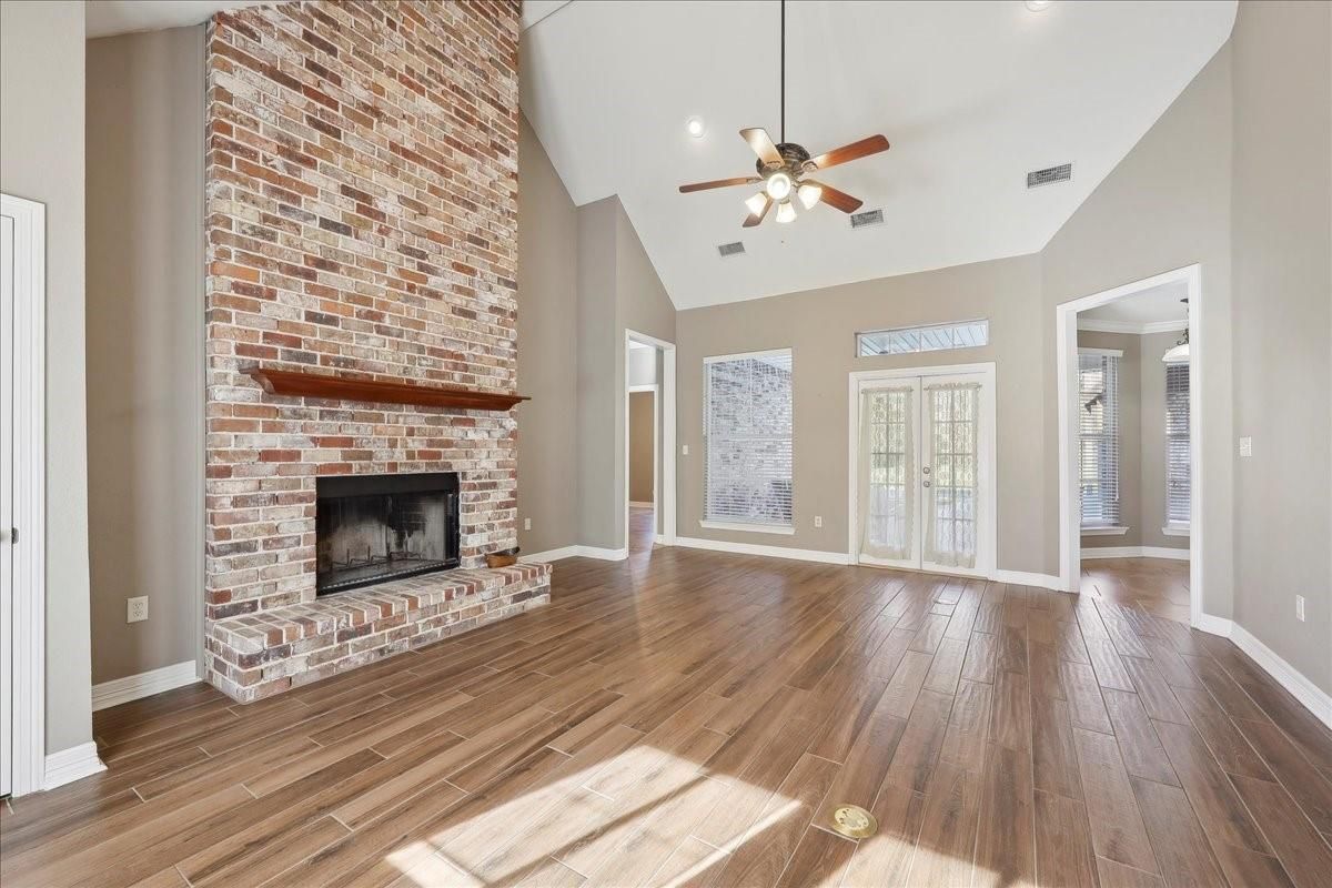 Empty room, Fireplace, Interior, Stone Walls, Wood Texture Flooring