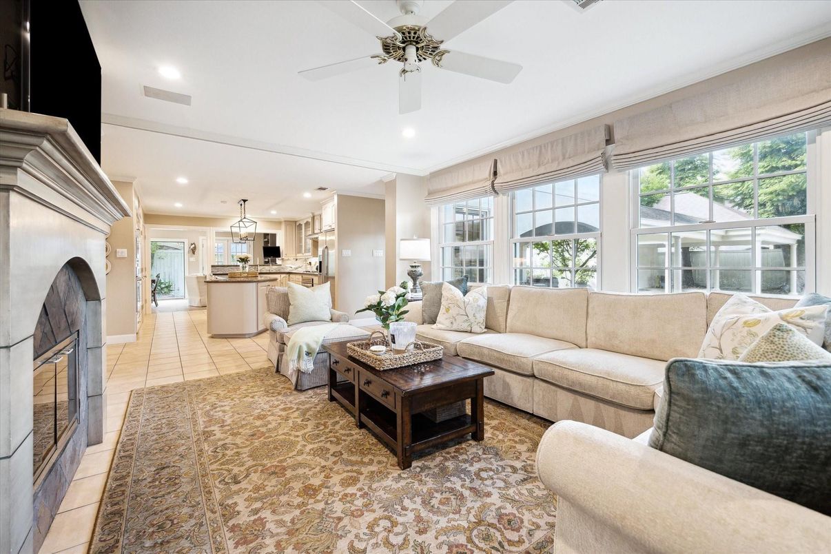 Fireplace, Interior, Kitchen, Living room, Pendant Lights, Recessed Lighting