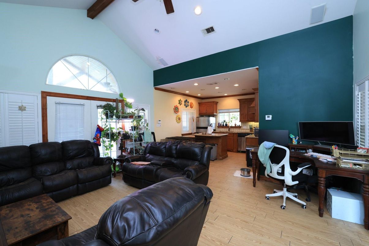 Home Office, Interior, Kitchen, Living room, Recessed Lighting, Wooden Beams, Wood Texture Flooring