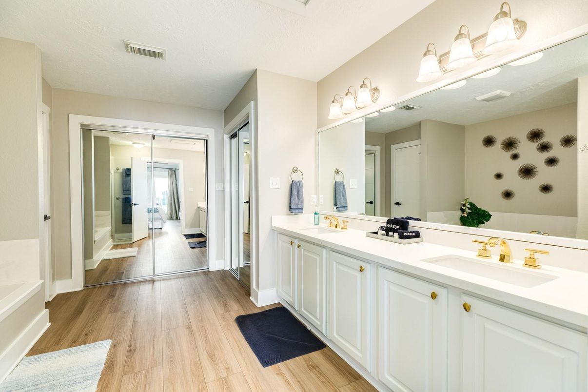Bathroom, Dual Sink Vanities, Glass Shower, Interior, Wood Texture Flooring