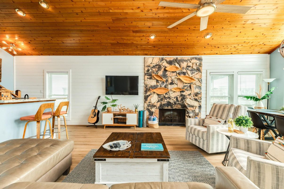 Fireplace, Interior, Living room, Recessed Lighting, Stone Walls, Wooden Ceilings, Wood Texture Flooring