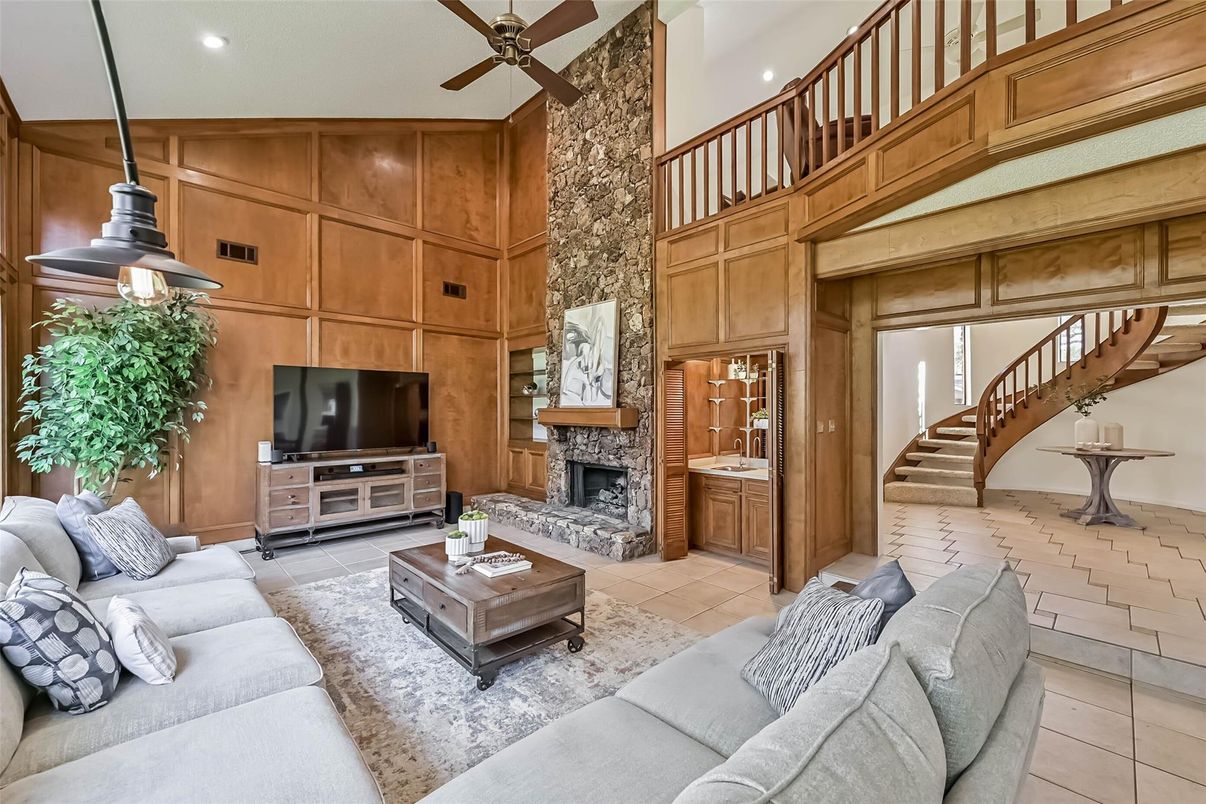 Fireplace, Interior, Living room, Recessed Lighting, Wooden Walls
