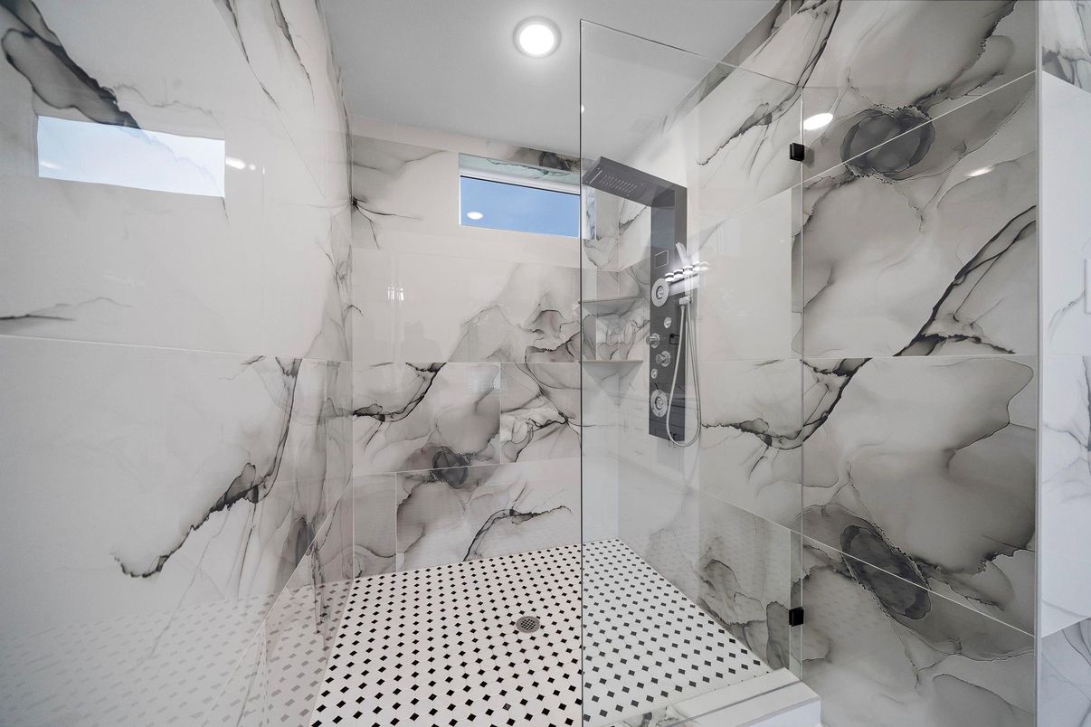 Bathroom, Glass Shower, Interior, Marble Walls, Recessed Lighting