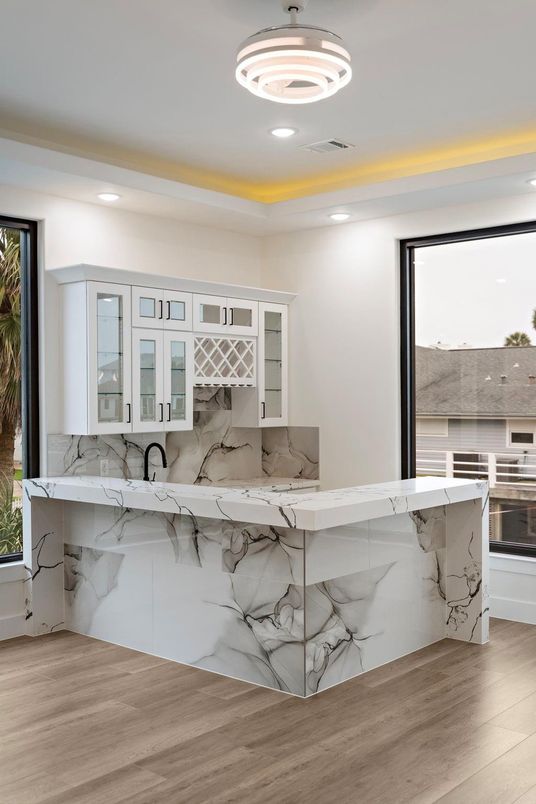Interior, Kitchen, Marble Walls, Pendant Lights, Recessed Lighting, Wood Texture Flooring