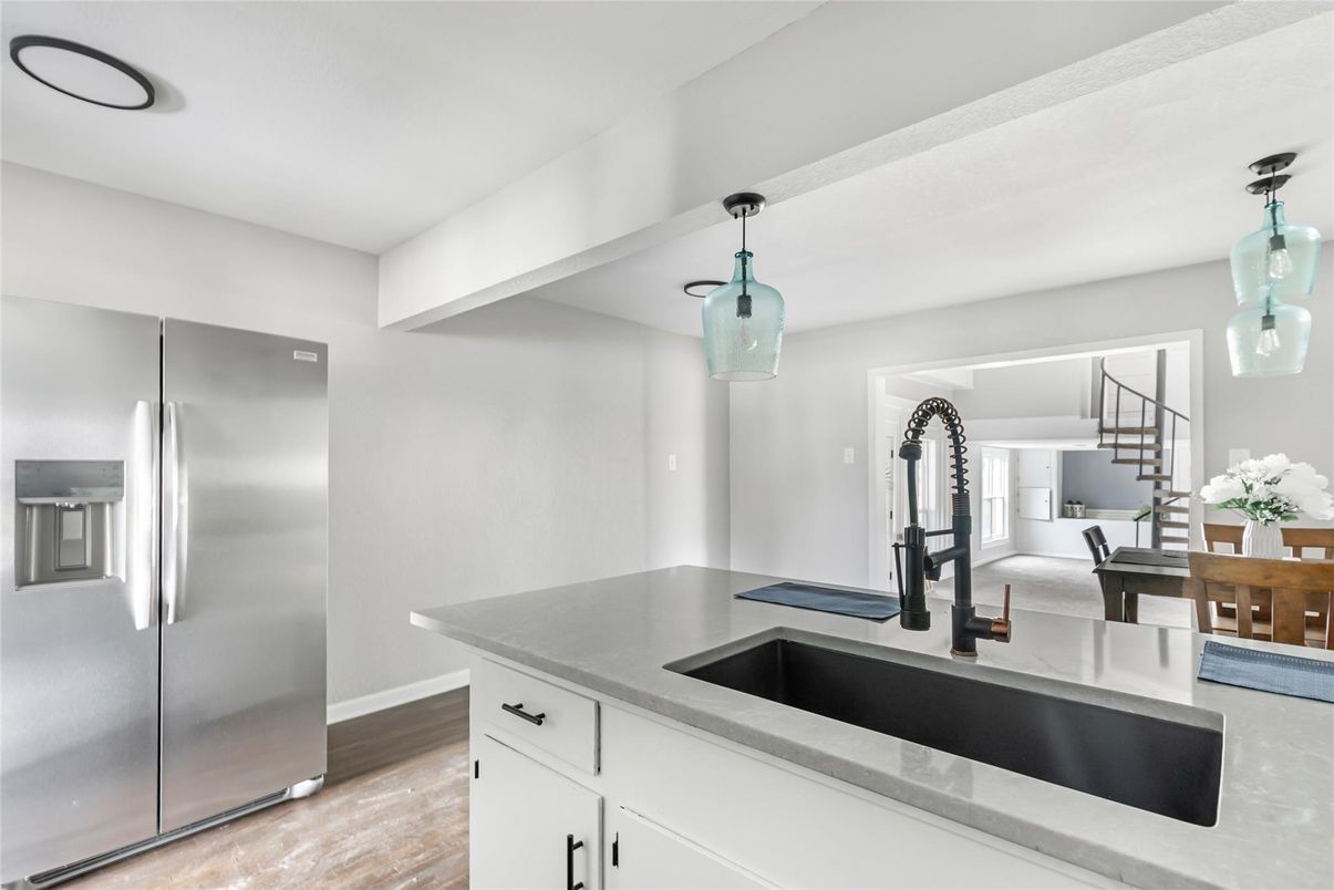 Interior, Kitchen, Pendant Lights, Stainless Steel Appliances, Wood Texture Flooring