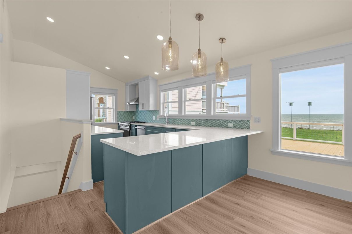 Interior, Kitchen, Pendant Lights, Recessed Lighting, Water, Wood Texture Flooring