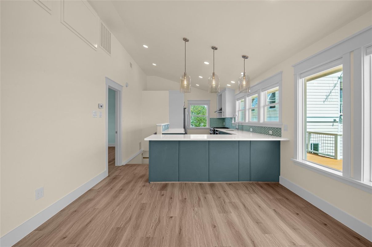 Interior, Kitchen, Pendant Lights, Recessed Lighting, Wood Texture Flooring