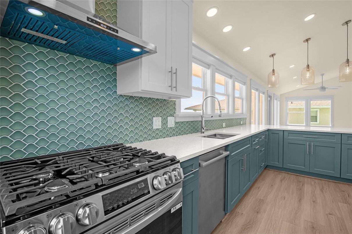 Interior, Kitchen, Pendant Lights, Recessed Lighting, Stainless Steel Appliances, Wood Texture Flooring