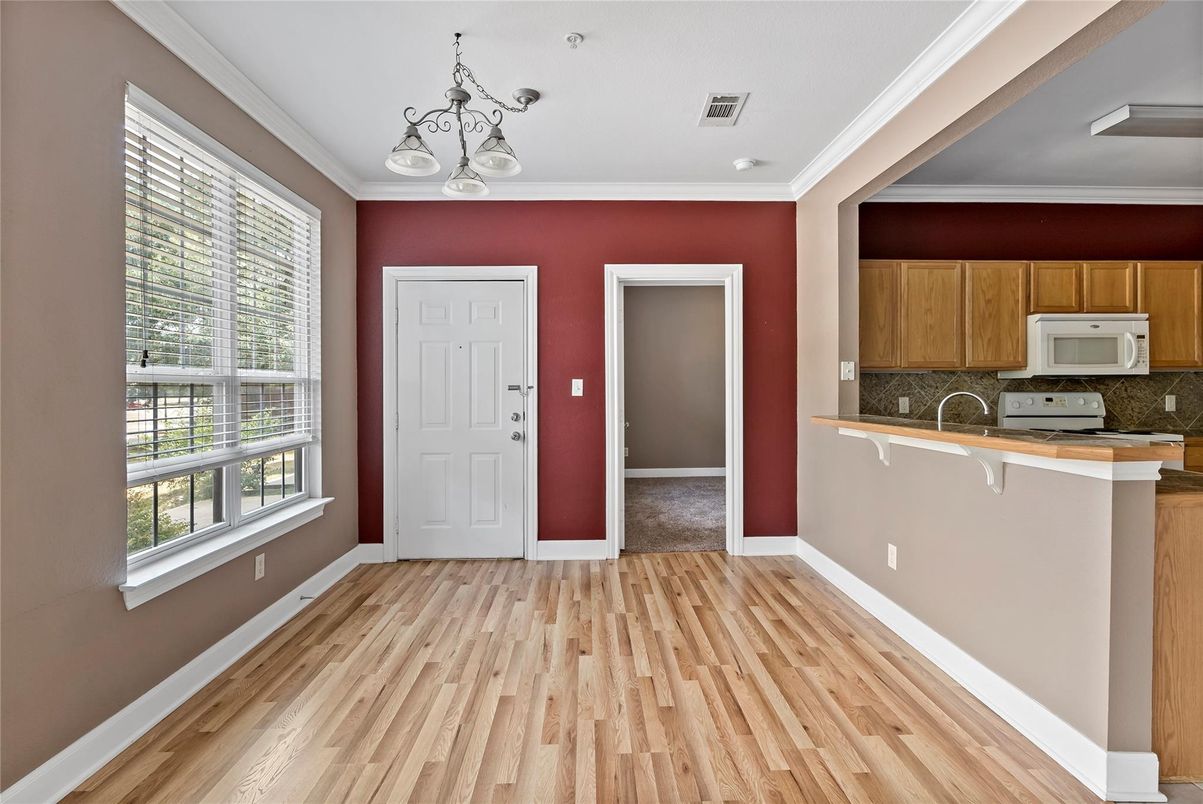 Empty room, Interior, Kitchen, Pendant Lights, Wood Texture Flooring