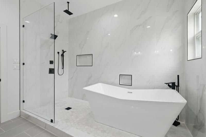 Bathroom, Free Standing Baths, Glass Shower, Interior, Marble Walls