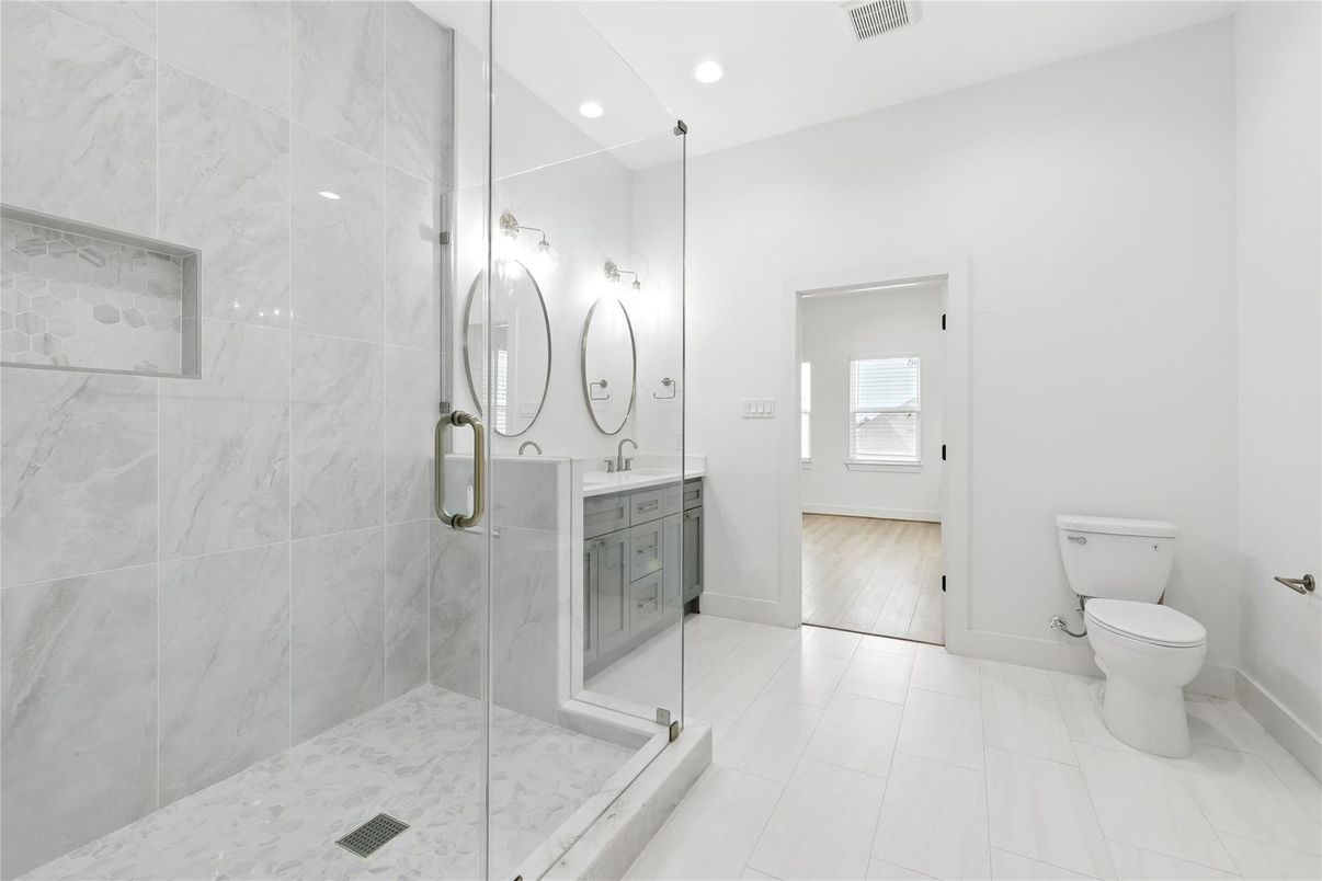 Bathroom, Glass Shower, Interior, Marble Walls, Recessed Lighting, Wood Texture Flooring