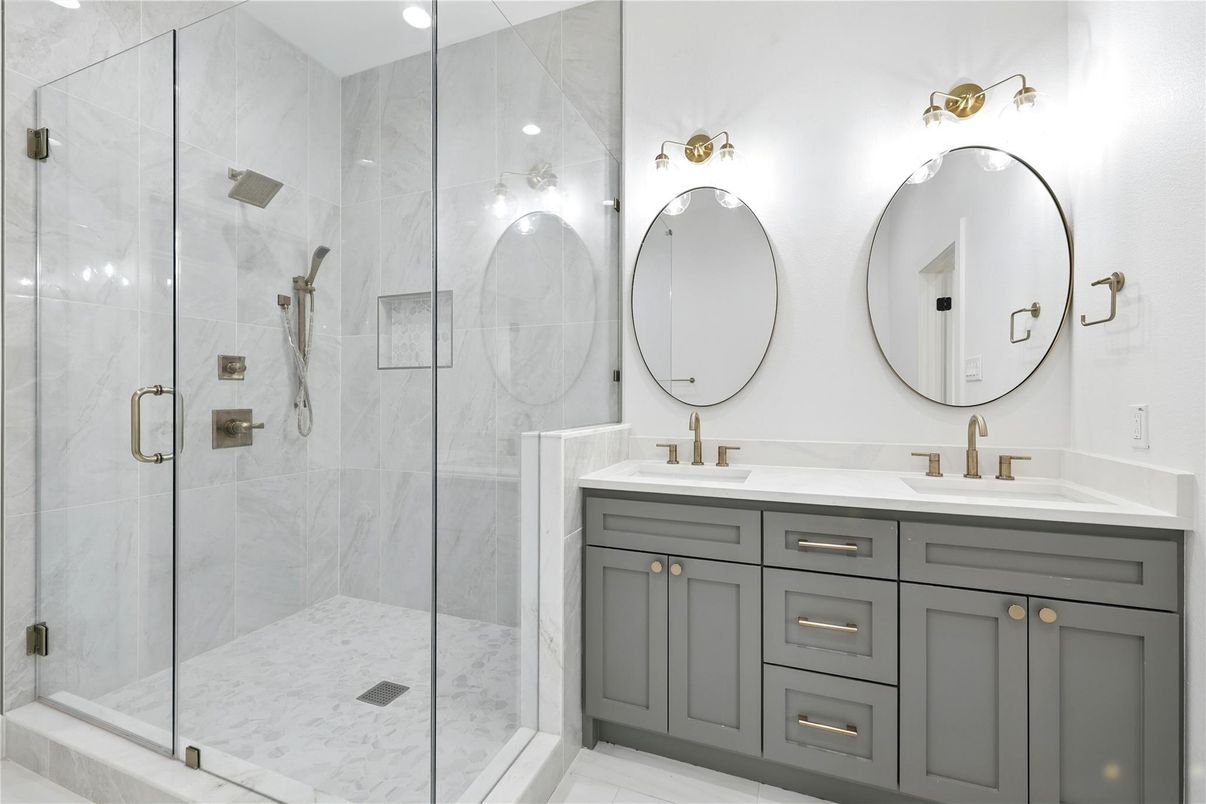 Bathroom, Dual Sink Vanities, Glass Shower, Interior, Marble Walls