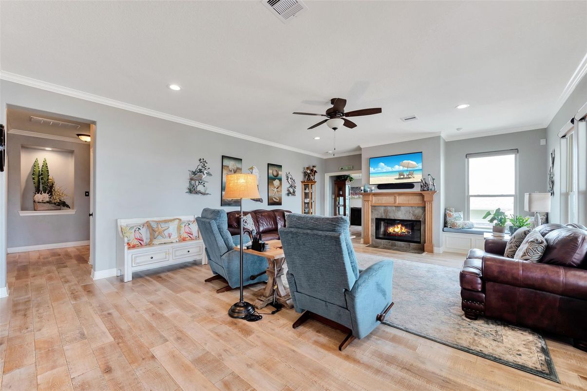 Fireplace, Interior, Living room, Recessed Lighting, Wood Texture Flooring