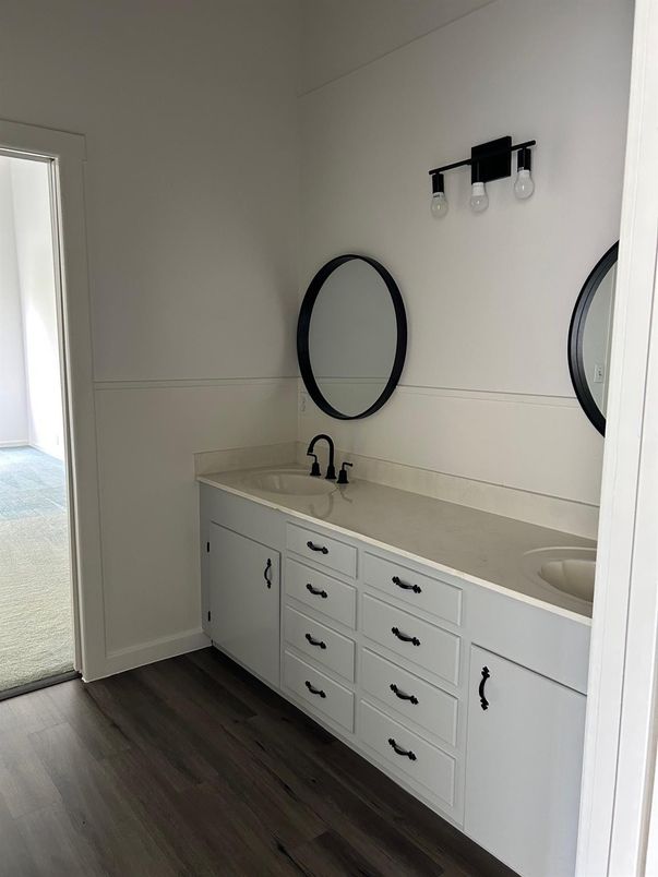 Bathroom, Dual Sink Vanities, Interior, Wood Texture Flooring
