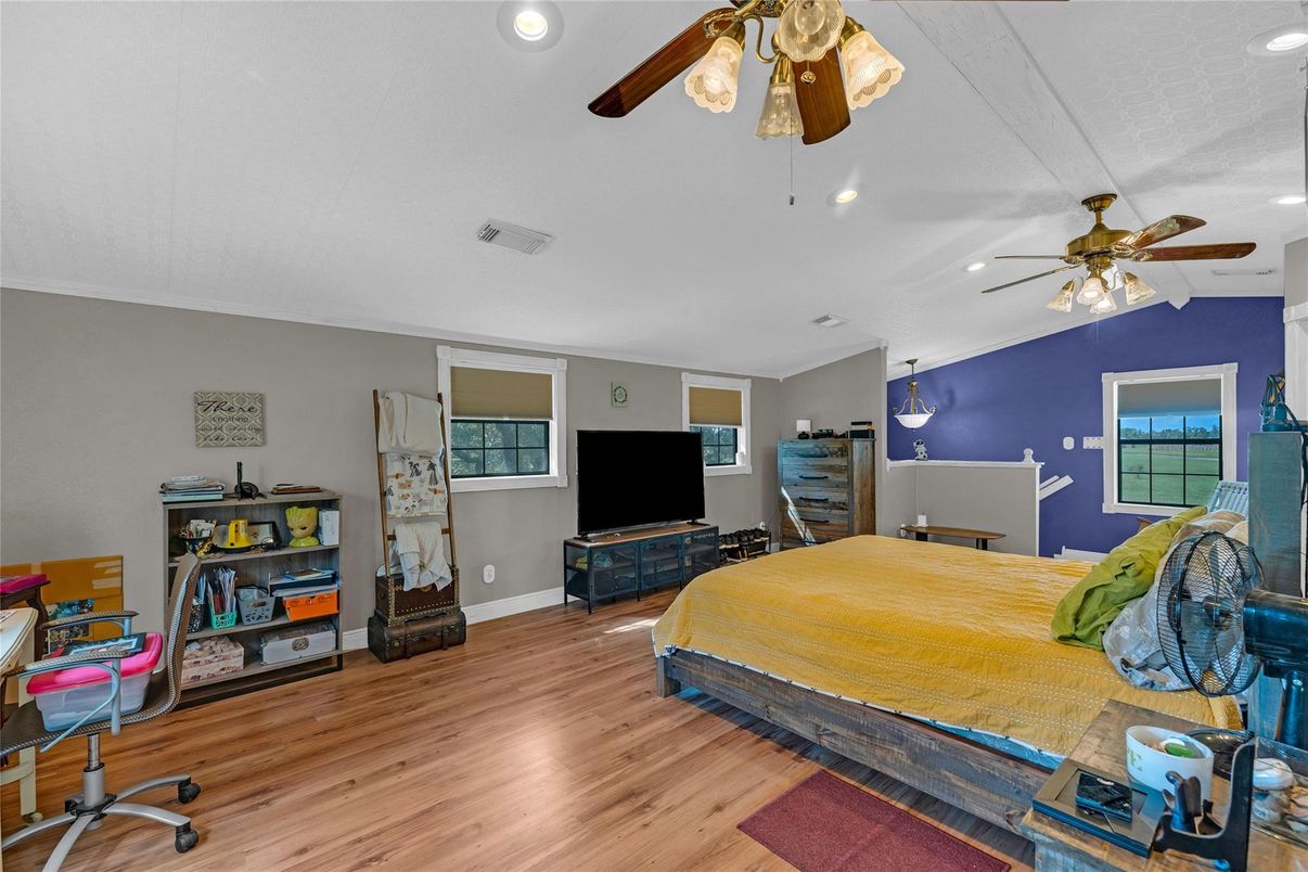 Bedroom, Interior, Recessed Lighting, Wood Texture Flooring