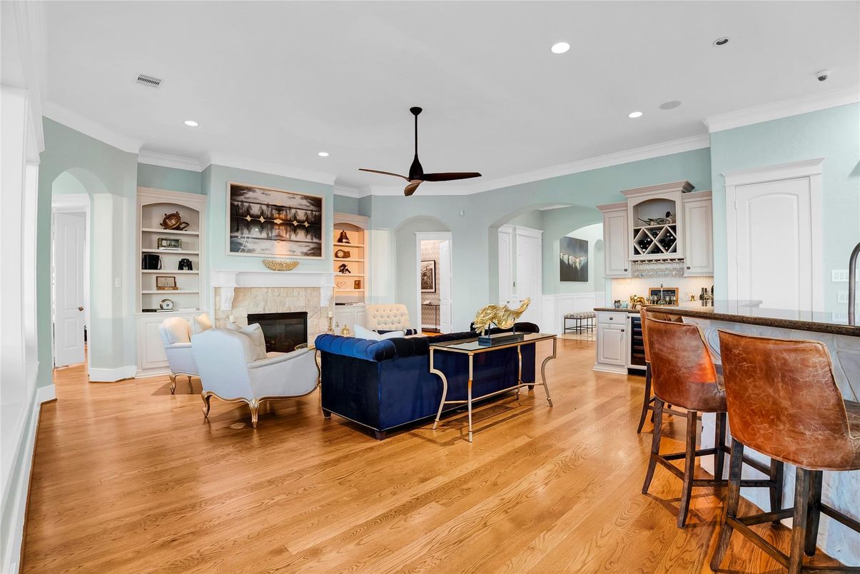 Fireplace, Interior, Living room, Recessed Lighting, Wood Texture Flooring