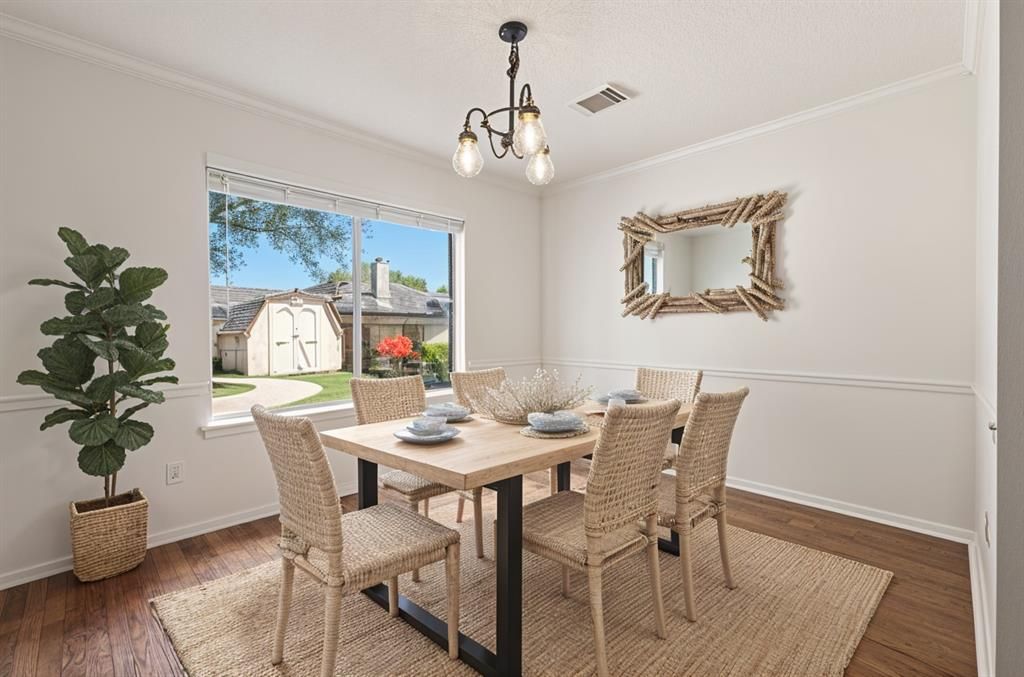 Dining room, Interior, Pendant Lights, Wood Texture Flooring