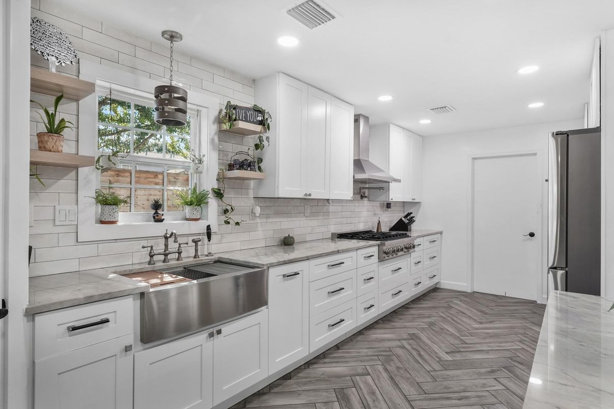 Interior, Kitchen, Pendant Lights, Recessed Lighting, Stainless Steel Appliances, Wood Texture Flooring