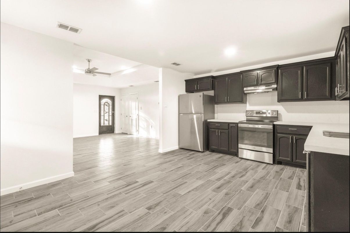 Interior, Kitchen, Recessed Lighting, Stainless Steel Appliances, Wood Texture Flooring