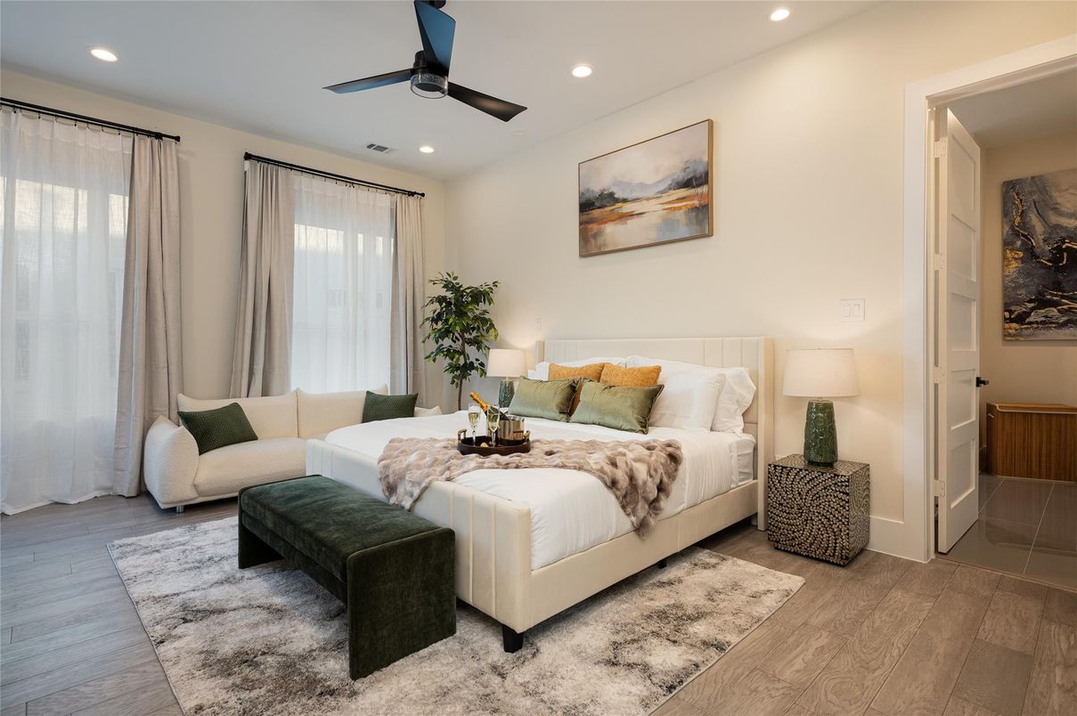 Bedroom, Interior, Recessed Lighting, Wood Texture Flooring