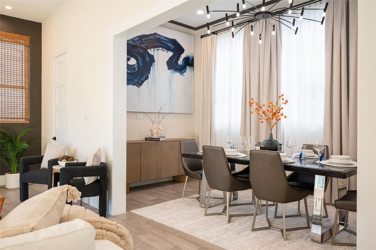 Dining room, Interior, Recessed Lighting, Wood Texture Flooring