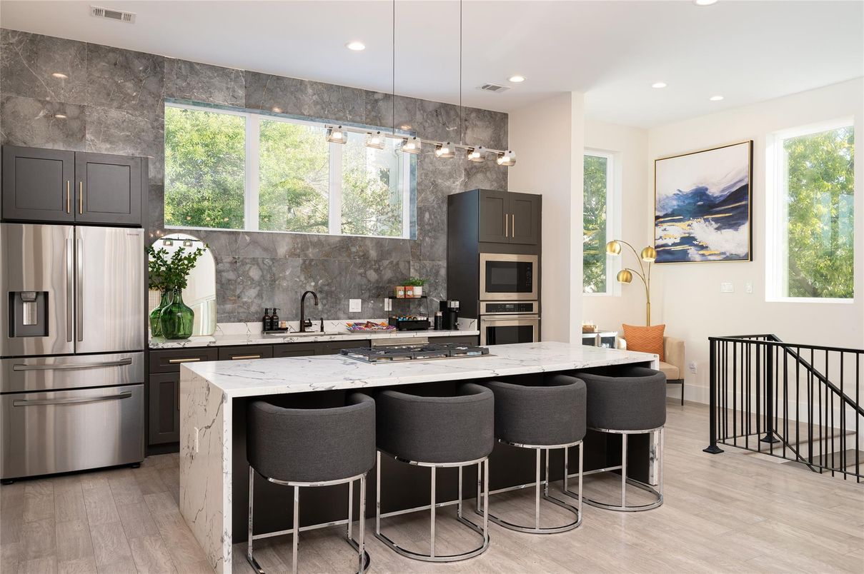 Interior, Kitchen, Pendant Lights, Recessed Lighting, Stainless Steel Appliances, Wood Texture Flooring