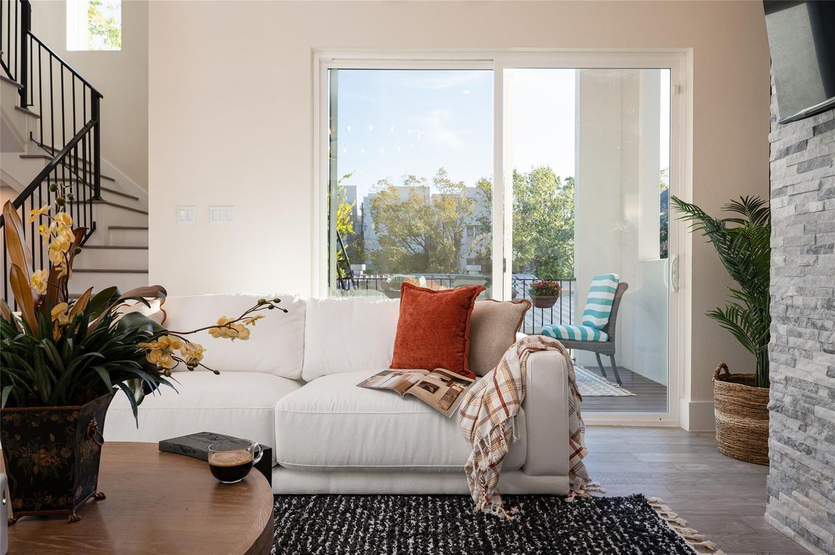 Interior, Living room, Stone Walls, Wood Texture Flooring