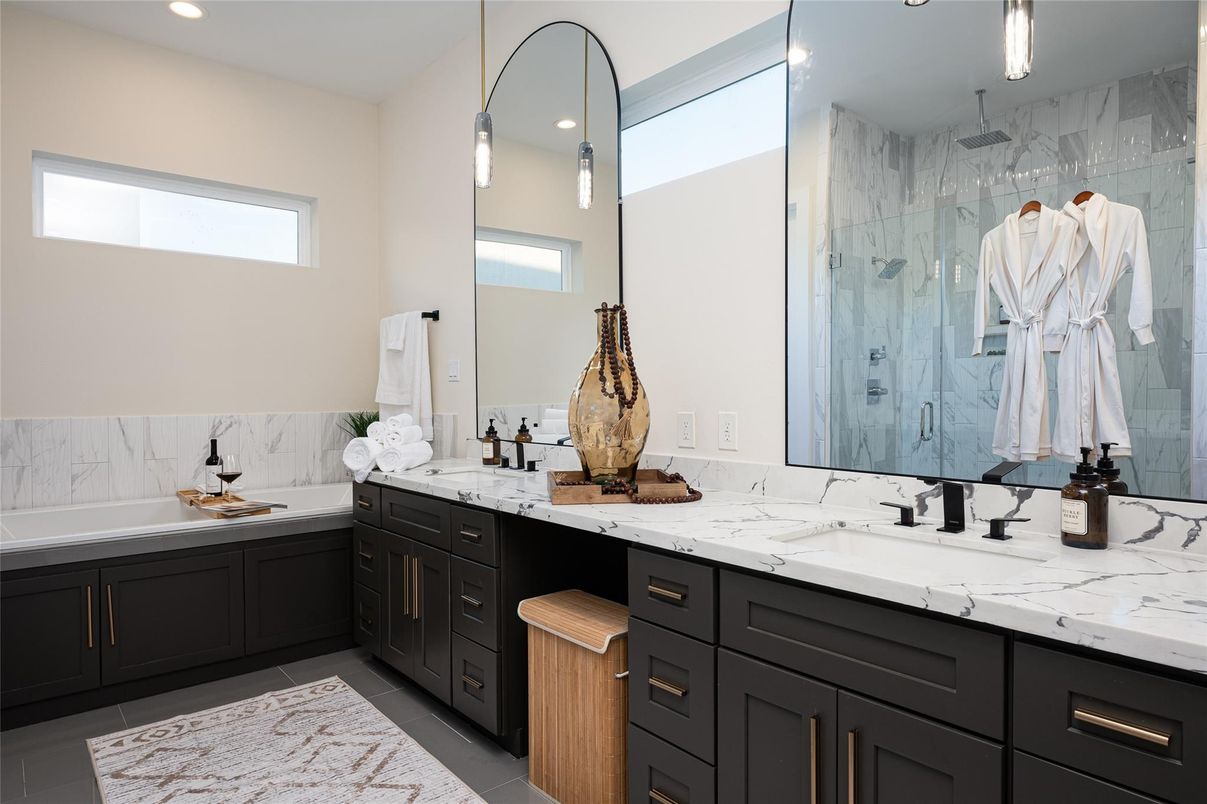 Bathroom, Dual Sink Vanities, Glass Shower, Interior, Marble Walls, Recessed Lighting