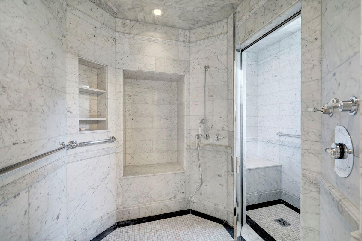 Bathroom, Glass Shower, Interior, Marble Walls, Recessed Lighting