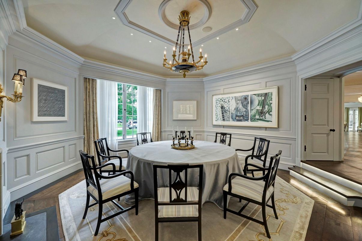 Chandelier, Dining room, Interior, Recessed Lighting, Wood Texture Flooring