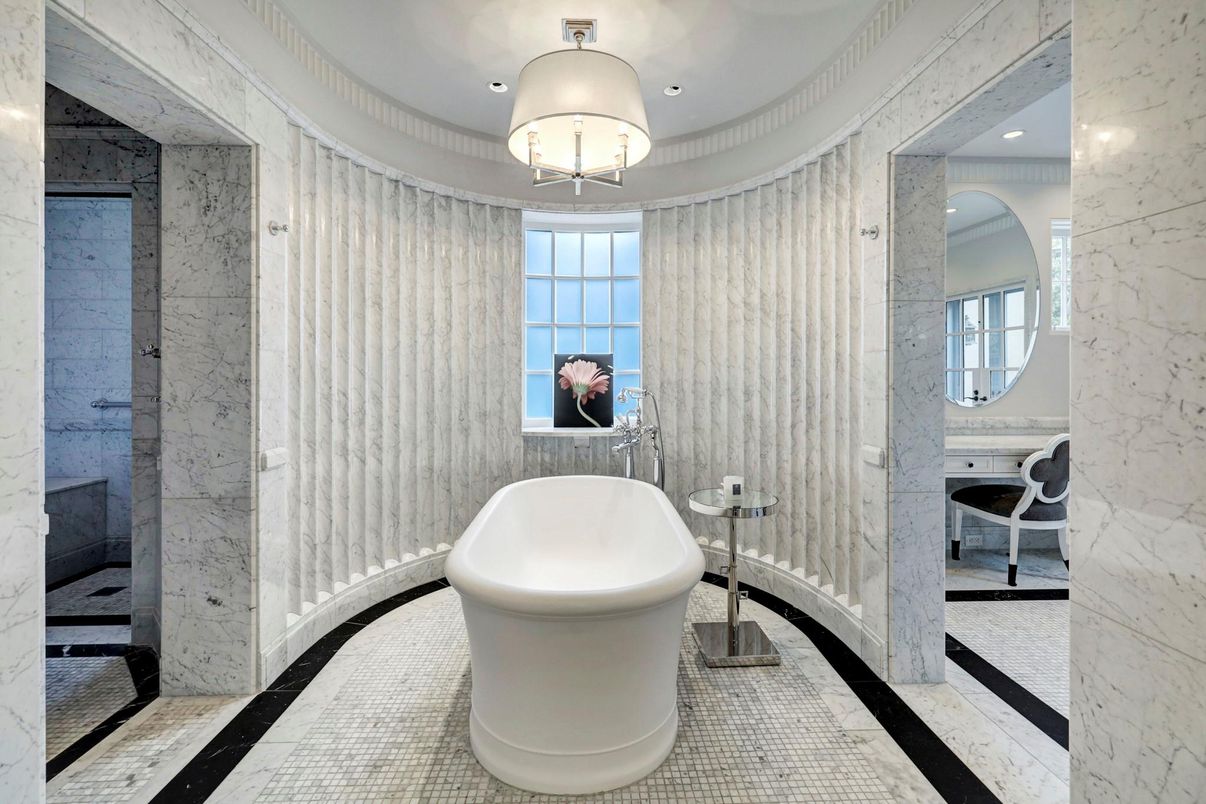 Bathroom, Free Standing Baths, Interior, Marble Walls, Recessed Lighting