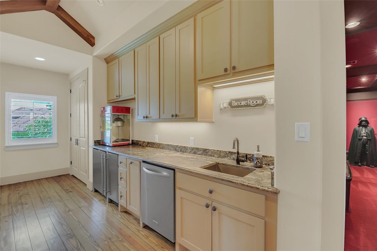 Interior, Kitchen, Recessed Lighting, Wooden Beams, Wood Texture Flooring