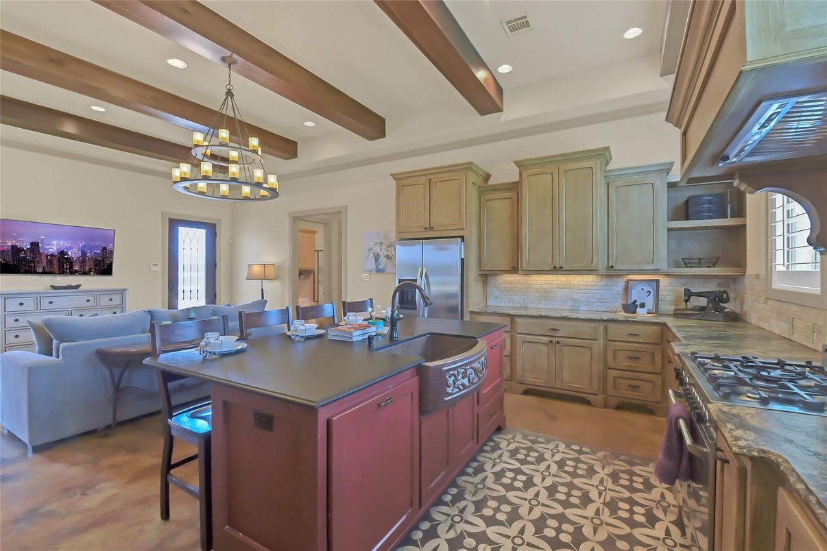 Chandelier, Interior, Kitchen, Living room, Pendant Lights, Recessed Lighting, Stainless Steel Appliances, Wooden Beams, Wood Texture Flooring