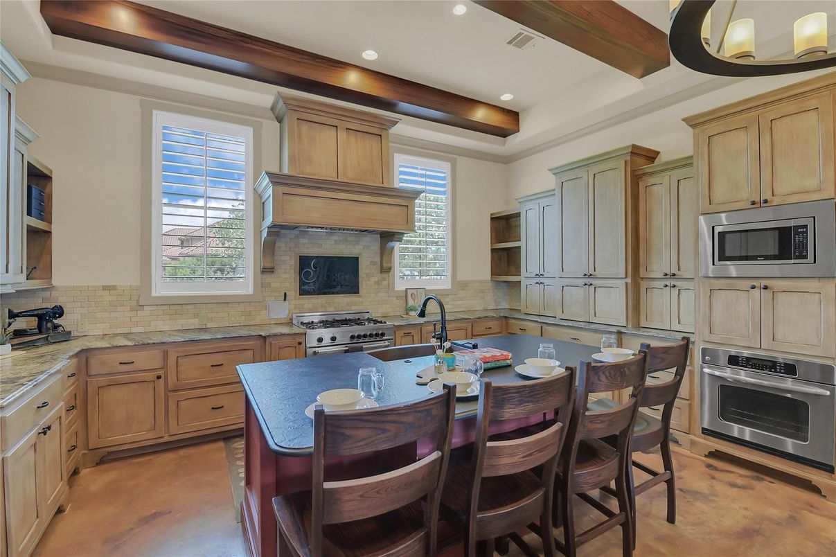 Interior, Kitchen, Recessed Lighting, Stainless Steel Appliances, Wooden Beams, Wood Texture Flooring