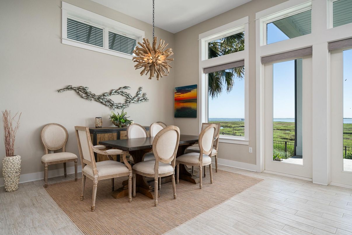 Dining room, Interior, Pendant Lights, Water, Wood Texture Flooring