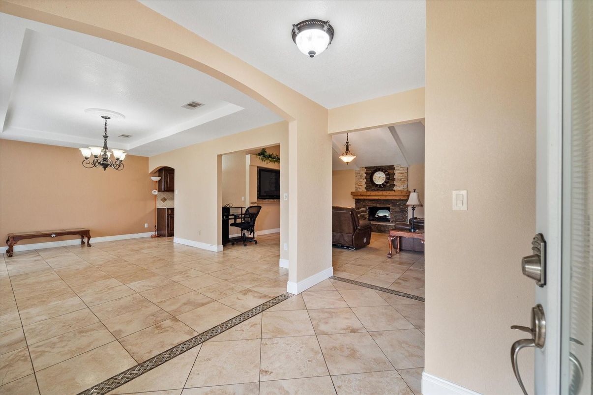 Chandelier, Dining room, Fireplace, Interior