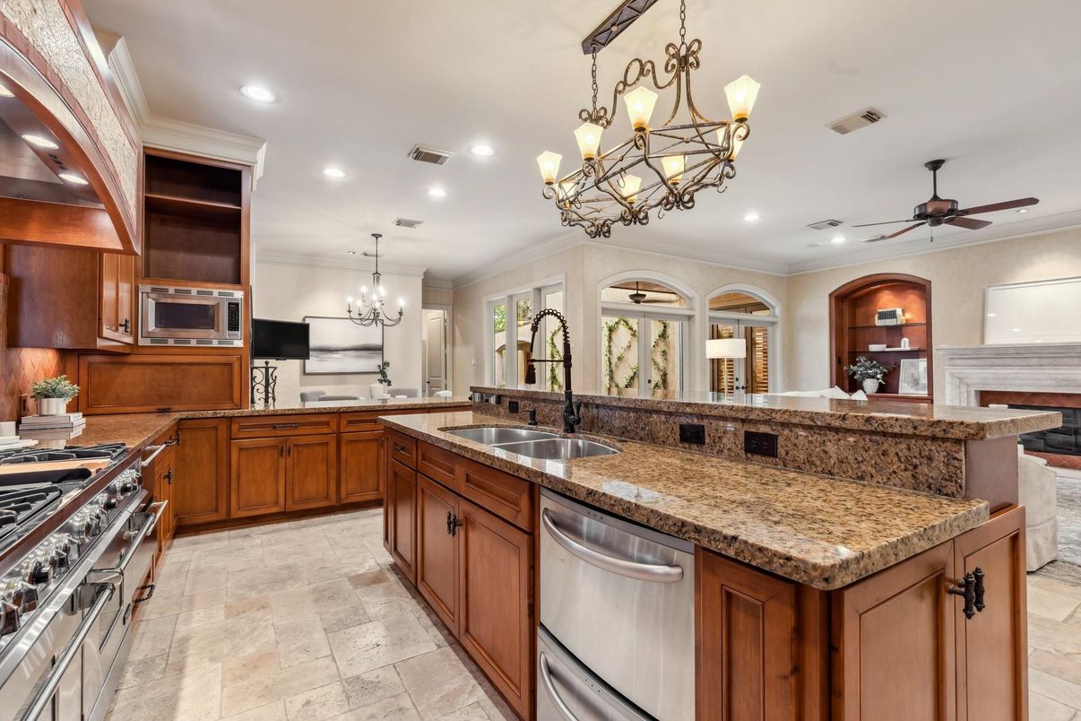 Chandelier, Fireplace, Interior, Kitchen, Recessed Lighting, Stainless Steel Appliances